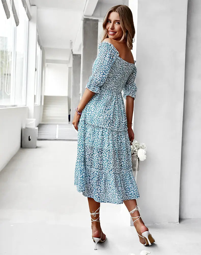 Off Shoulder High Waist Ruffle Stitching Dress