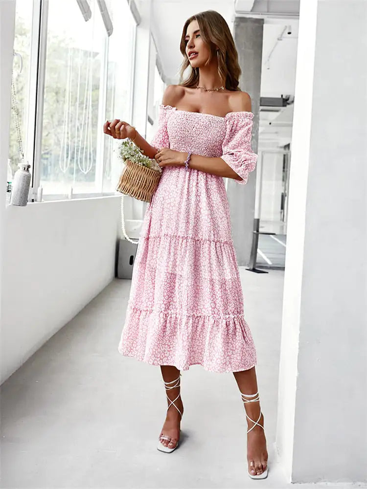 Off Shoulder High Waist Ruffle Stitching Dress