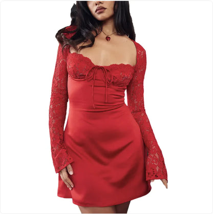 Women's Lace Corset Long Sleeve Backless Dress