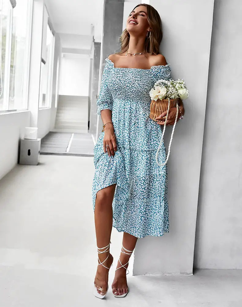 Off Shoulder High Waist Ruffle Stitching Dress