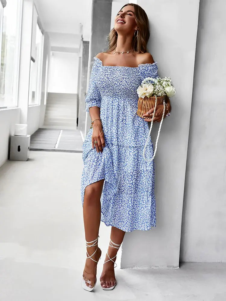 Off Shoulder High Waist Ruffle Stitching Dress